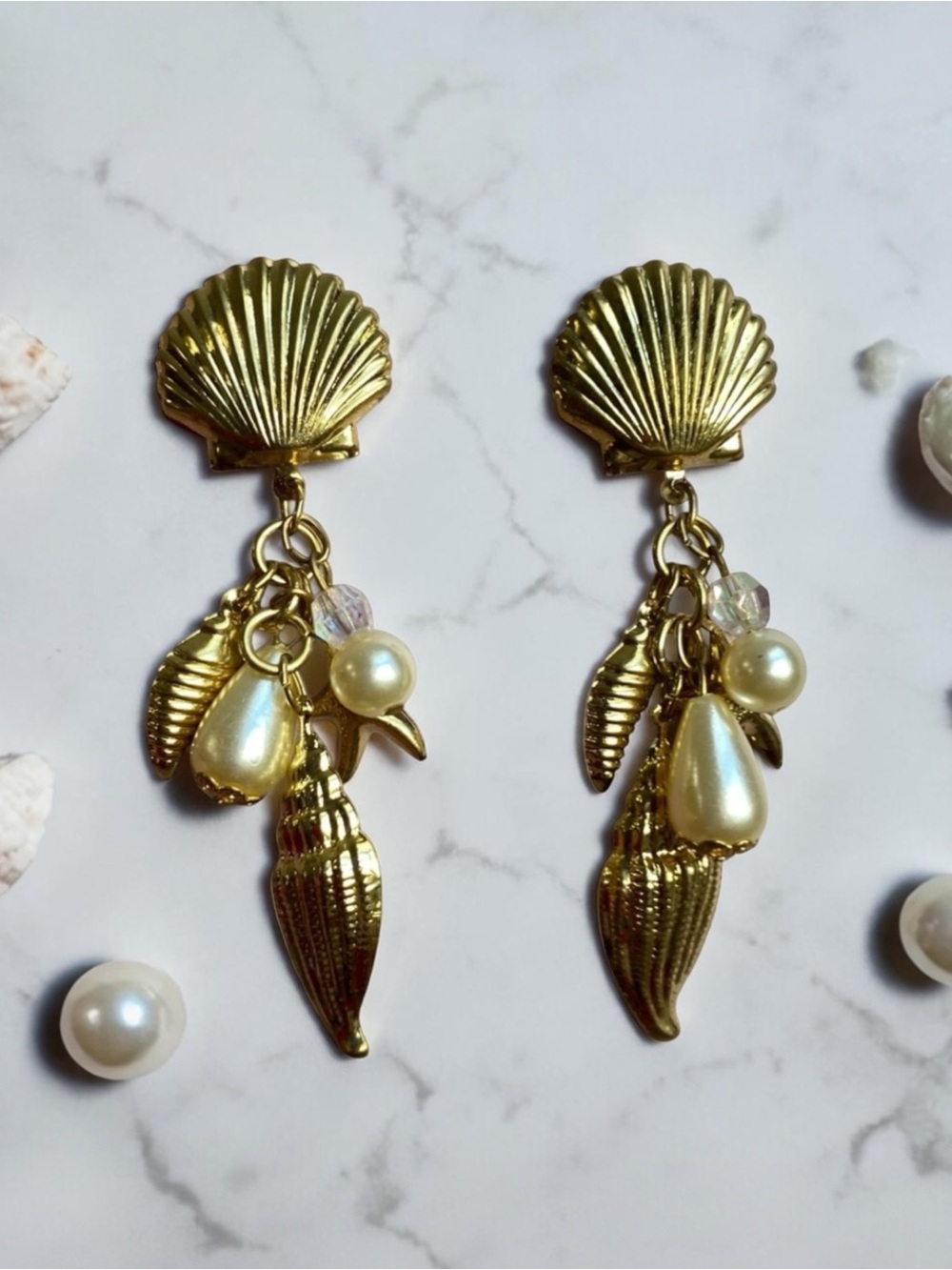 Gold Tone Shell with Dangling Pearl Drop Star Shells Earrings